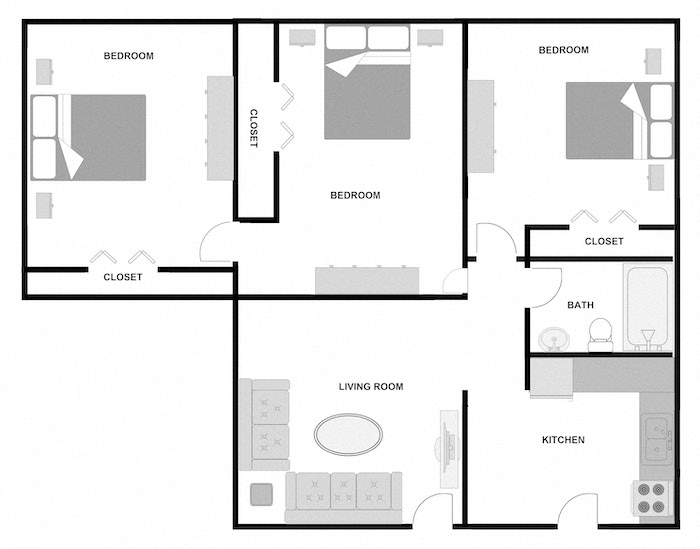 Floor plan for 3 beds, 1 bath, 869 sqft